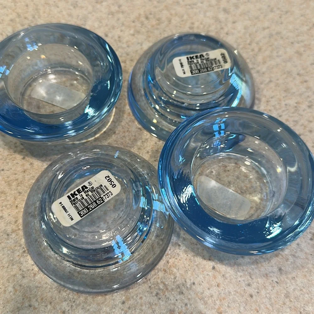 4 IKEA Retro Style Chunky Transparent Blue Glass Tea Light Candle Holders